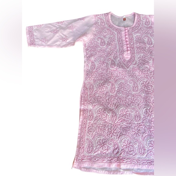 Chikankari Hand-Embroidered Straight Pink Kurti Tunic size 42, US L. NEW - Picture 6 of 16